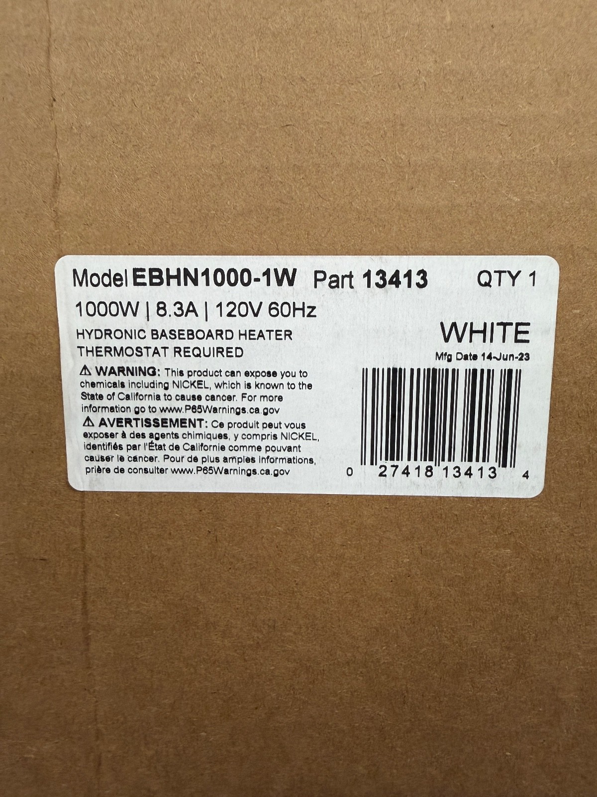 Cadet EBHN1000-1W Hydronic Baseboard Heater 1000W 120V White New, Open Box