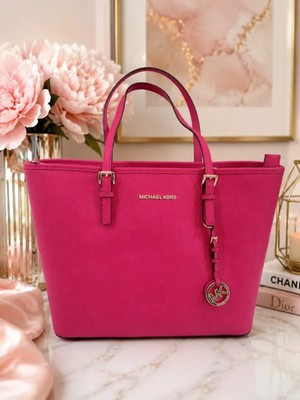 NWT Michael Kors Jet Set Travel Pink Leather Zip Structured Shoulder Bag 