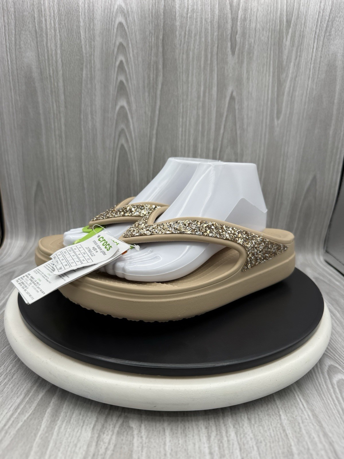 Crocs Sloane Glitter Womens Size 9 Tan Gold Flip Flop Wedge Platform Sandals NEW