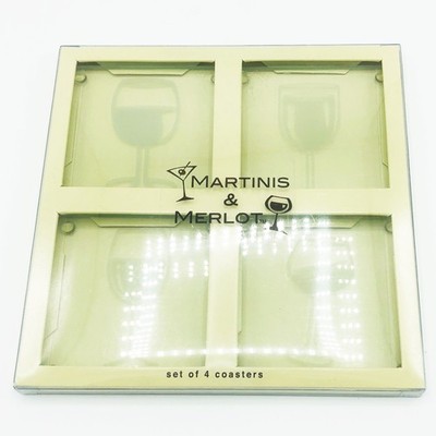 Set of 4 Martinis & Merlot Clear Glass Square Etched Drink Coasters