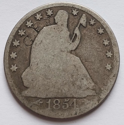 #ad #ad 1854 O w Arrows Seated Liberty Silver Half Dollar Good Details Graffiti Damaged $42.50