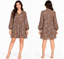 Nine West Brown Abstract Print Shift Dress Scalloped Hem Boho Artsy Mod Small