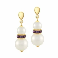 Alpine Amethyst Crystal Shell Pearl Gold Tone Drop Pierced Earrings