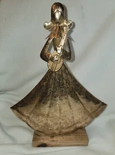 Metal Angel without Wings, Bronze/Gold Hammered Finished on Natural Wood Stand