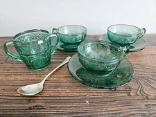 Vintage Jeanette Glass Child Tea Set Doric & Pansy Ultramarine Teal 8 Piece Set 