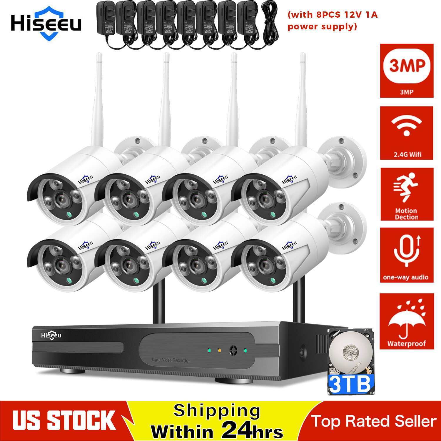 Hiseeu Wireless Wifi CCTV 10CH NVR 1080P Security 8pcs Camera System Outdoor Lot