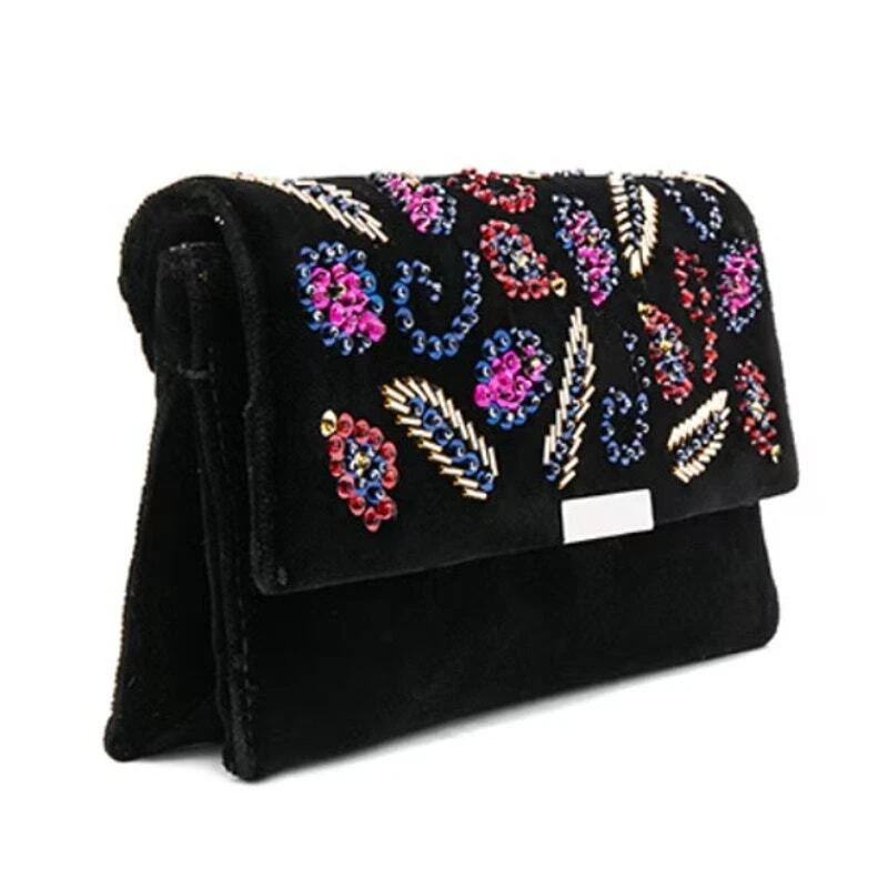 Loeffler Randall Tab 手包黑色天鹅绒串珠亮片叶链带 — 第 2/4 张图片