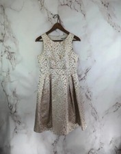 Eliza J Dress Women 4 Small Gold A Line Pleated Holiday Polka Dot Metallic