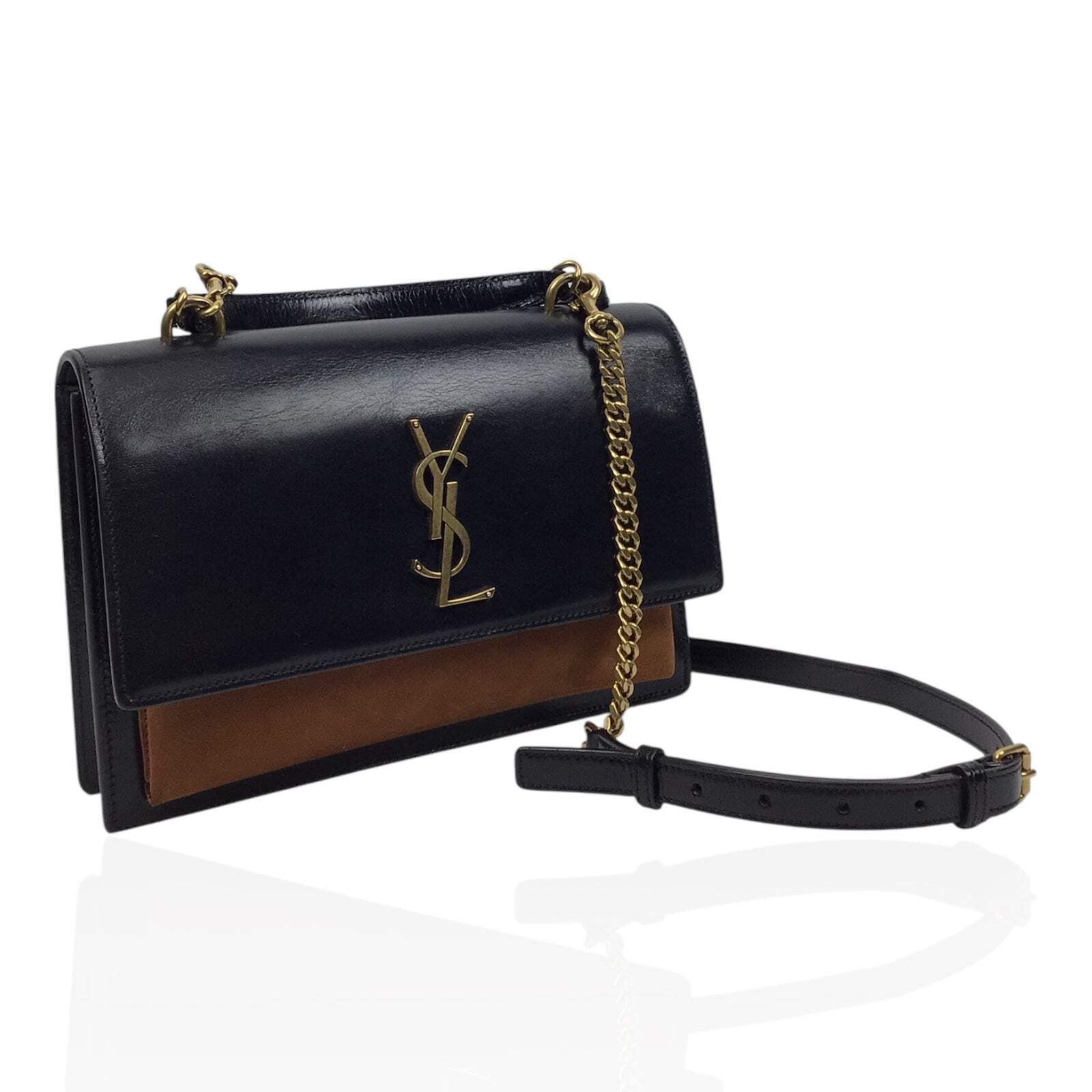 SAINT LAURENT Borsa a mano YSL Sunset in pelle di vitello nera e camoscio marrone con manico superiore