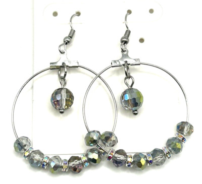 Rose/Green Aurora Borealis Glass & Austrian Crystal Beaded HOOPS Dangle Earrings