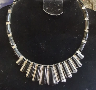 Collier 950 Silber massiv mit Onyx besetzt, Mexikanische Handarbeit, 45 cm - Bild 1 von 4
