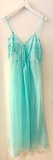 Vintage Turquoise Tulle and Lace V Neckline Sheer Slip Maxi Dress - Size M