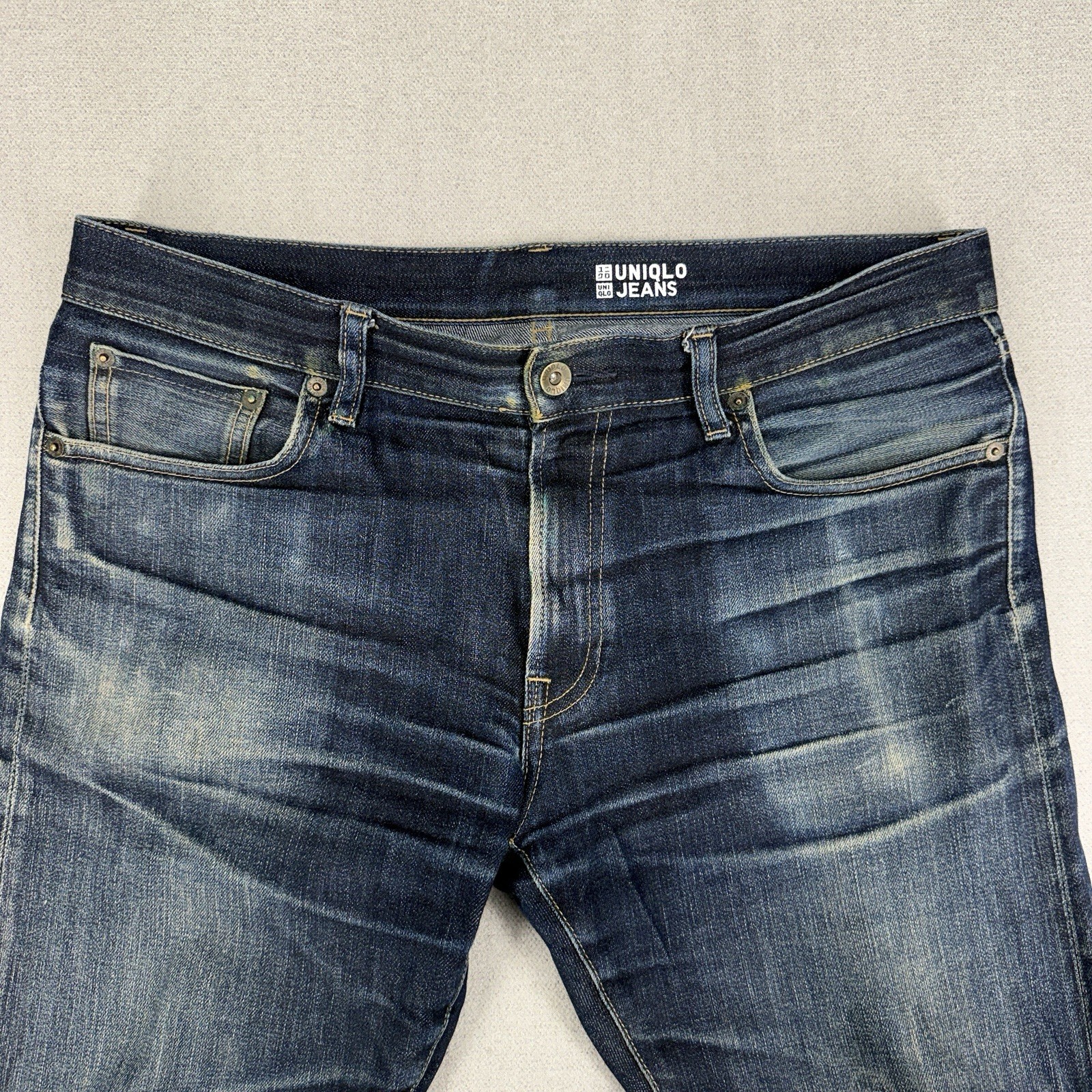 Uniqlo Slim Fit Selvedge Jeans Mens 34x34 Stretch Denim Wallet Pocket Fade thumbnail 6