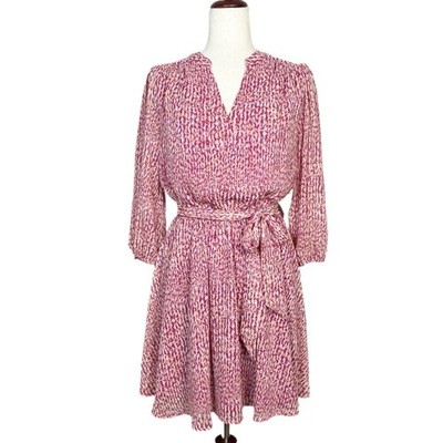 EVEREVE Women's Size S Pink Print Joyce 3/4-Sleeve V-Neck Tie-Belt Short Dress