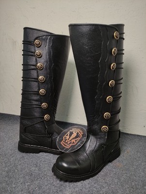 Men's Black Leather Knee High Renaissance Style Boots With Rubber Sole.