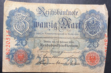 1914 GERMAN EMPIRE 20 MARKS  - RARE HIGH QUALITY NOTE - Lot #J2