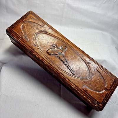 Antique 1880-1920 Leather Wrapped Hinged Wooden Box with Carved Bird on Lid 12''