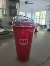 2018 Dunkin Donuts Pink 16 OZ Acrylic Travel Tumbler with Straw Flip 