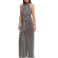 Eliza J Metallic Halter Jumpsuit Women 4 NWT Silver Sequin Wide Leg MSRP $188