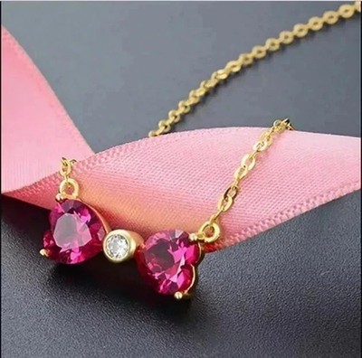 Simulated Heart Cut Ruby Women's Pendant 18'' Necklace 14K Yellow Gold Plated