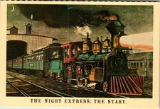 Vintage Night Express Locomotive Postcard by Merrimack Publishing Currier & Ives