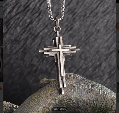 Large 3D LAYERED SOLID CROSS Pendant on 925 Plated Silver FIGARO 26'' Chain Men