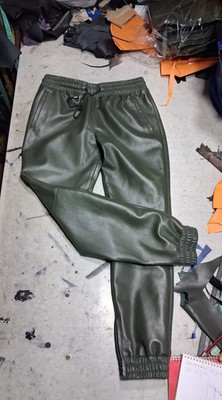 New Mens Leather Forest Green Jogger Pant. Sheepskin Leather Joggers trouser 34.