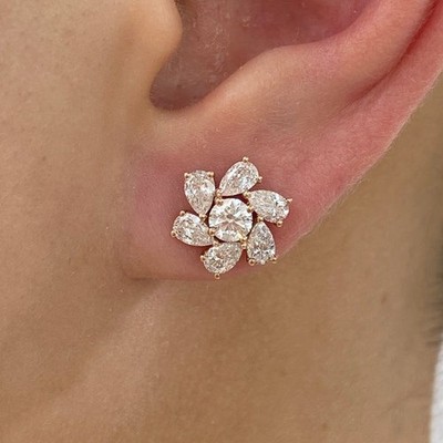2 TCW Ohrstecker Birne & Runde Lab Grown Diamant 14K Gold Unikat Blumenform