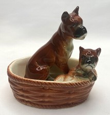 Vtg Boxer Dog Figurine Mom/Pup in Basket Porcelain 3.75" Lefton GORGEOUS PIECE