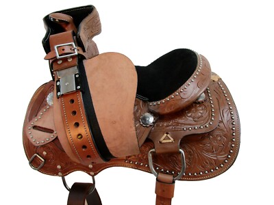 Selle Enfant Cuir Pour Poney - Barrel Racing Turquoise (8-13") Avec Têtière, Poitrail, Rênes