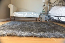 Rectangle Faux Fur Black Tip Wolf Area Rug Cottage Lodge Cabin Decor 002