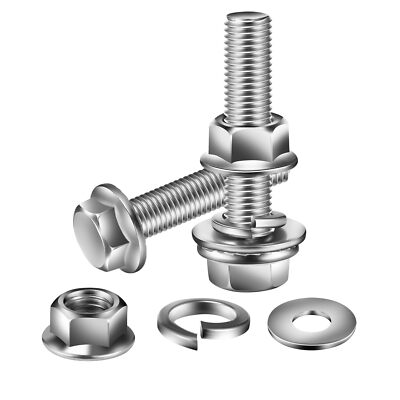 M6 x 20mm Flanged Hex Head Bolts Nuts Flat & Lock Washers 20Pcs 18-8 304 Stai...