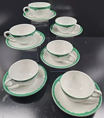 6 Shenango China Green Border Cup Saucer Set Vintage Restaurant Dish SHO131 Lot