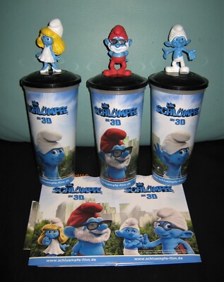 SET DIE SCHLÜMPFE IN 3D KINO TRINK BECHER CINEMA MOVIE CUP mit 3 Topper Figuren