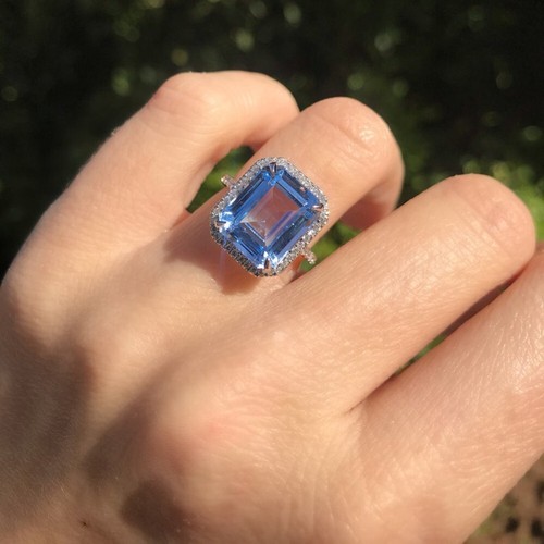 Anello di fidanzamento zaffiro blu diamante naturale 0,55 ct tondo oro bianco...