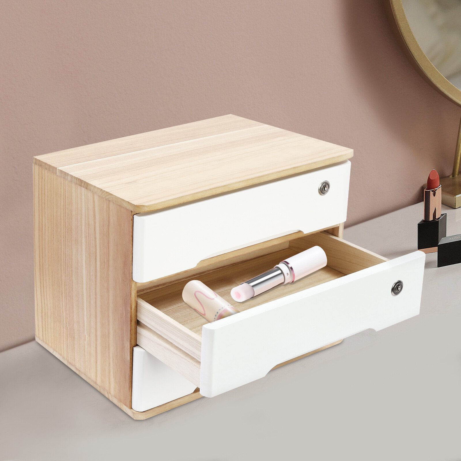 3-tier Wooden Desktop Storage Cabinet w/ Lockable Drawers+6*keys For Home Office