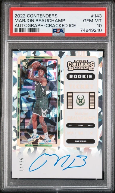 MARJON BEAUCHAMP 2022 CONTENDERS ROOKIE CRACKED ICE RC AUTO /25 PSA GEM MINT 10