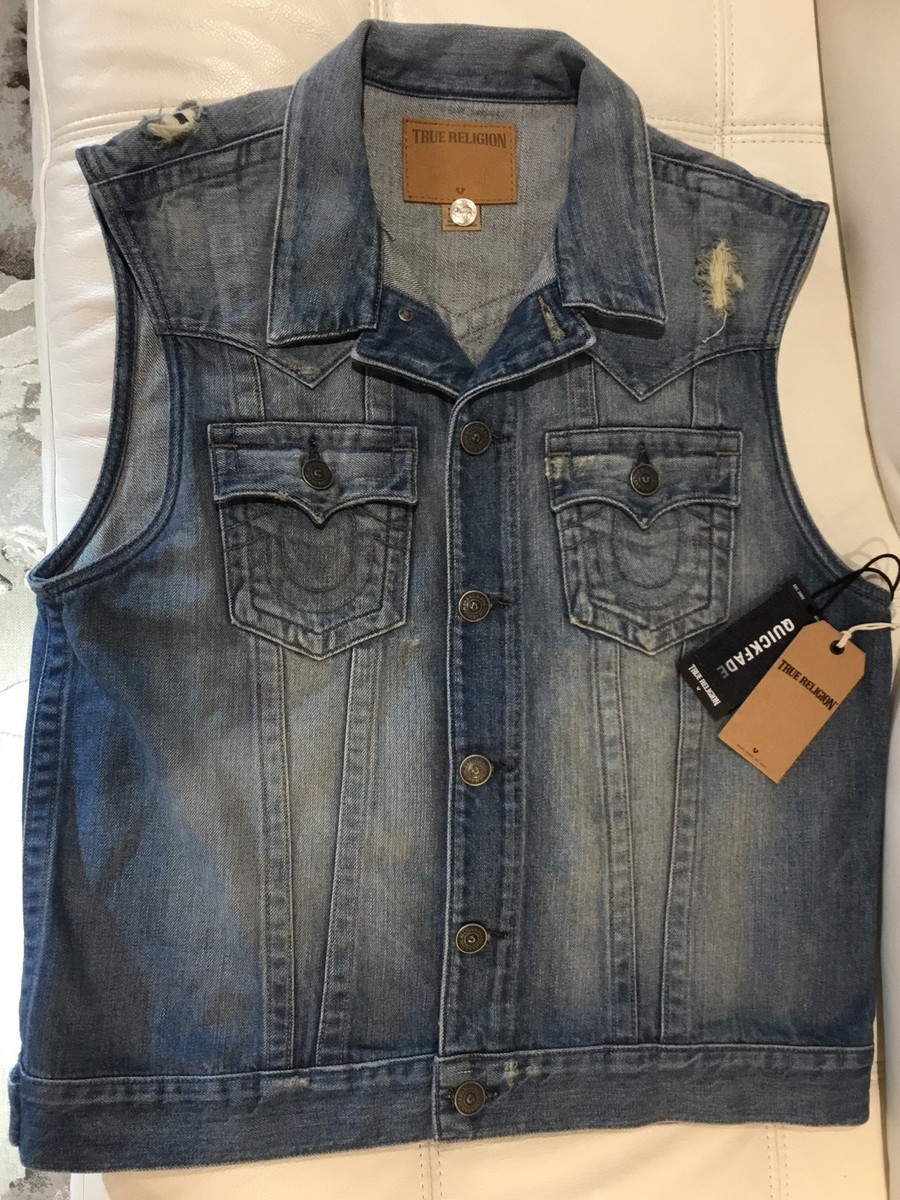TRUE RELIGION JIMMY 1/2 DISTRESS DENIM VEST SLOW CRUISING
