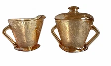 Unbranded Cream & Sugar Set Floral Leaf Pattern Peach Iridescent