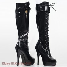 Lockable Zipper Knee High Boots Women Platform Fetish Buckles Strap Shoes