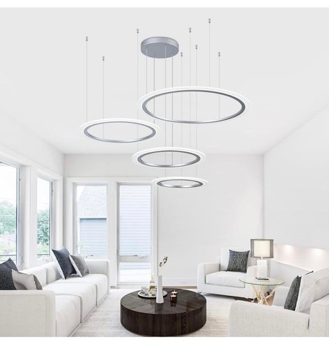 4 Rings Silver Modern Round Pendant Light Modern Chandeliers Dimmable LED - Picture 5 of 13