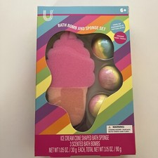 Bath Bomb and Sponge Set- Ice Cream Cone Shaped  3 Scented Bombs Fun for Kids