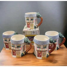 Fitz and Floyd Town and Country Cafe Coffee/Tea 5pc Mug Set All Original Boxes 