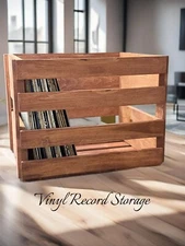 Cherry Stained Wooden Vinyl Record Holder Crate – Handcrafted LP Storage Box