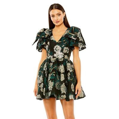 NWT Mac Duggal Bow Shoulders Emerald Brocade V Neck Mini Dress With Pockets  XS | eBay