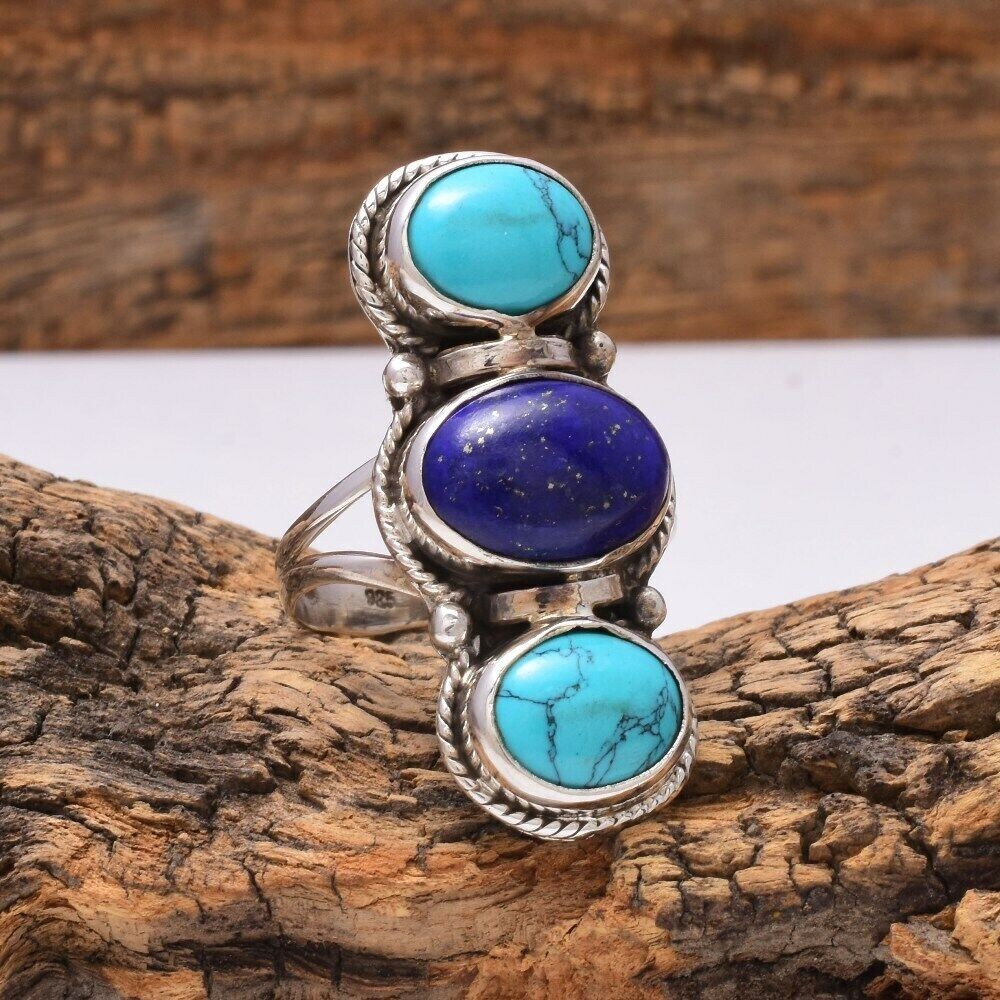 Turquoise Lapis Lazuli Ring 925 Sterling Silver Handmade Boho Chic Jewelry NJ976