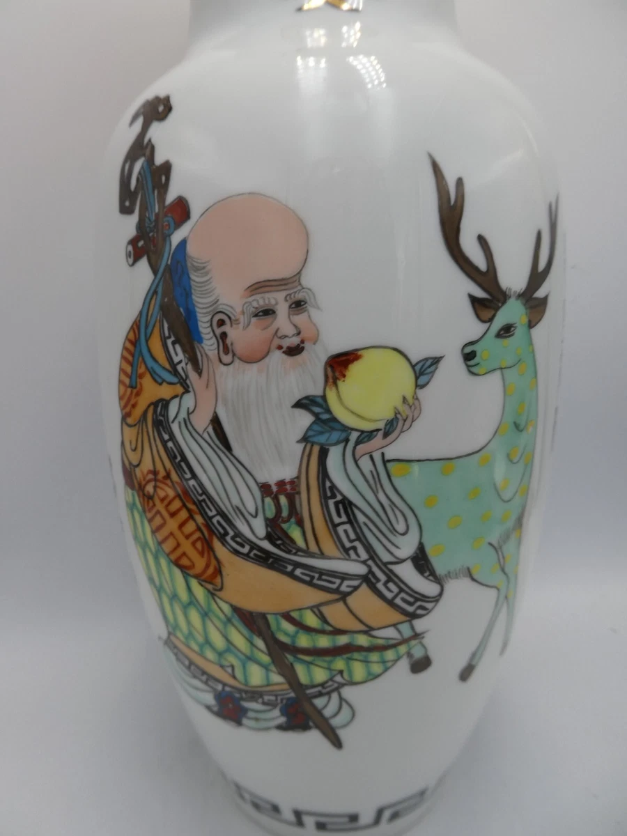 ANTIQUE CHINESE PAINTED IMMORTAL MAN WITH DEER POTTERY CERAMIC VASE