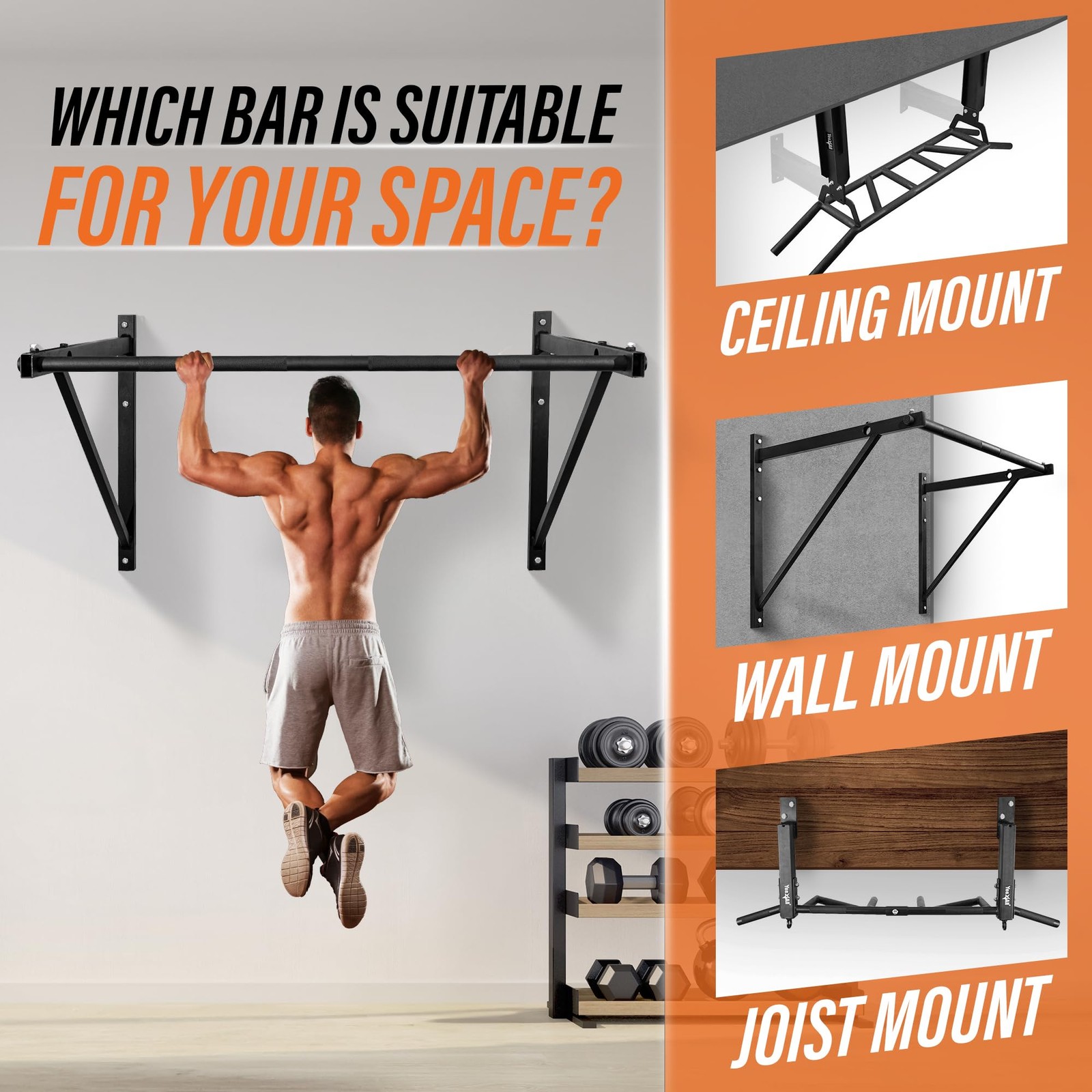 Heavy Duty Wall Mounted Pull Up Bar Multi-Grip Chin Up Bar for Home Gym Training