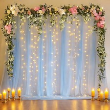 Sheer Tulle Backdrop Curtain With String Lights Baby Blue 10x10 FT Drapes