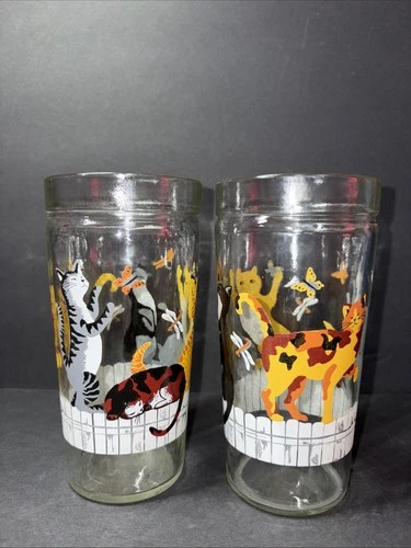 Vtg Anchor Hocking Cats on a Fence 16oz Glass Tumblers Set Of 2 Drinking Glasses